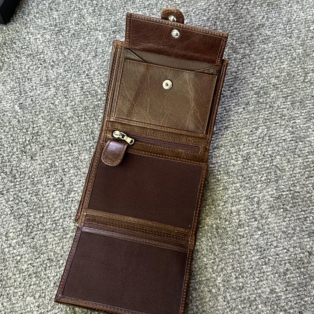 Leather Wallet Mens Brown Trifold Strap Zipper Coin Pocket Card Holder Turkey